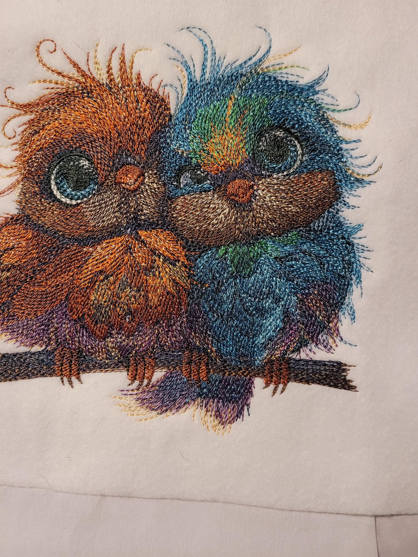 Birds, Embroidered Love Birds on Perch - Cute Blue & Orange Pair, Adorable, Sweet, and Charming. Whimsical and Colorful Bird Perch Decor.