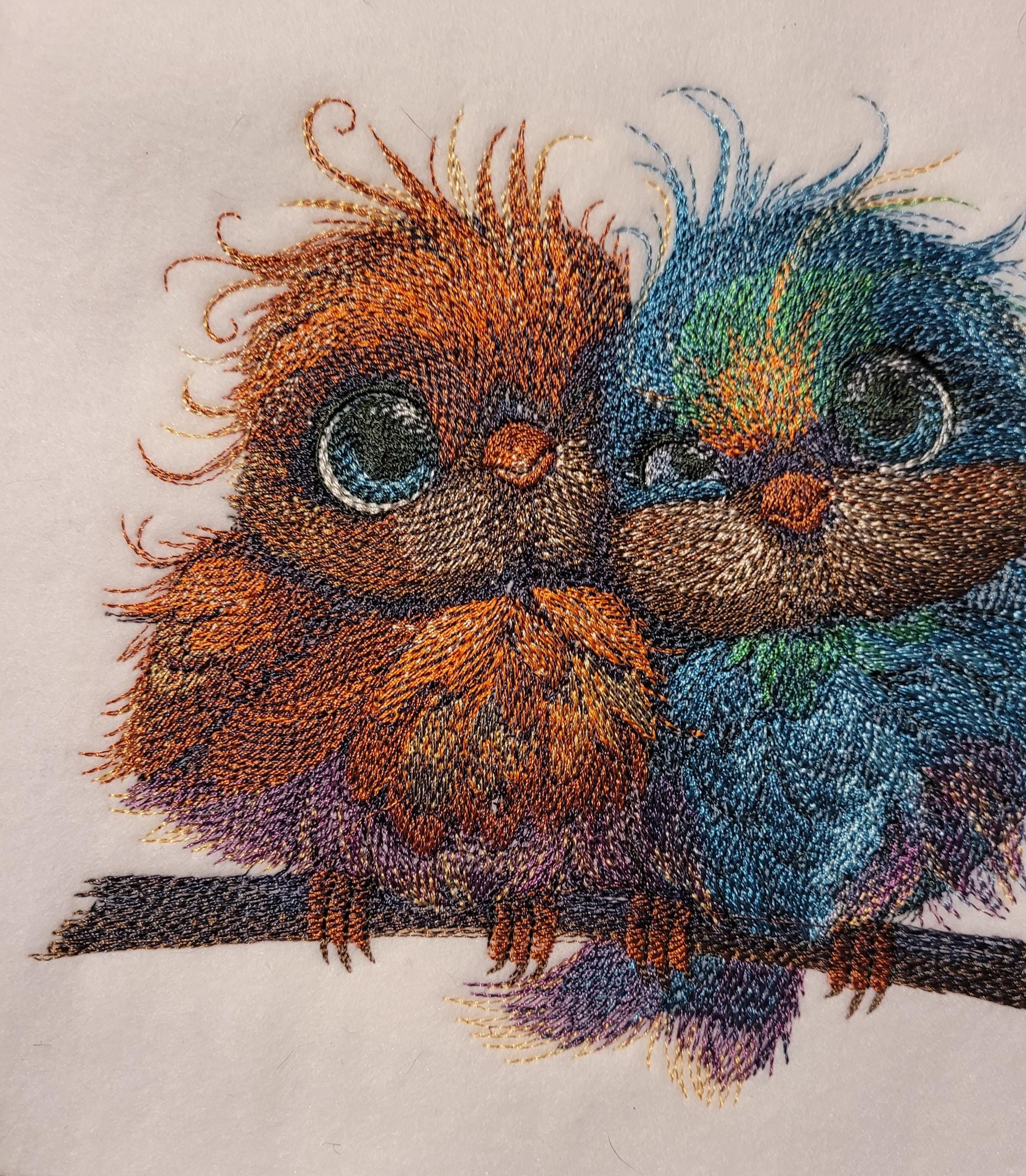 Birds, Embroidered Love Birds on Perch - Cute Blue & Orange Pair, Adorable, Sweet, and Charming. Whimsical and Colorful Bird Perch Decor.