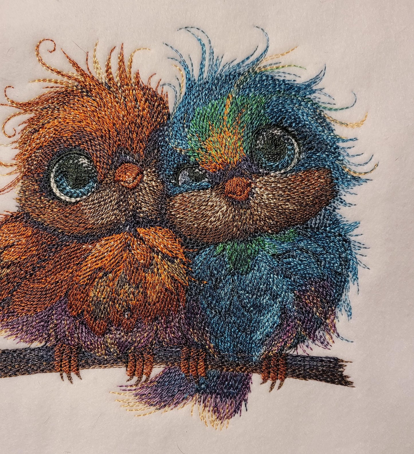 Birds, Embroidered Love Birds on Perch - Cute Blue & Orange Pair, Adorable, Sweet, and Charming. Whimsical and Colorful Bird Perch Decor.