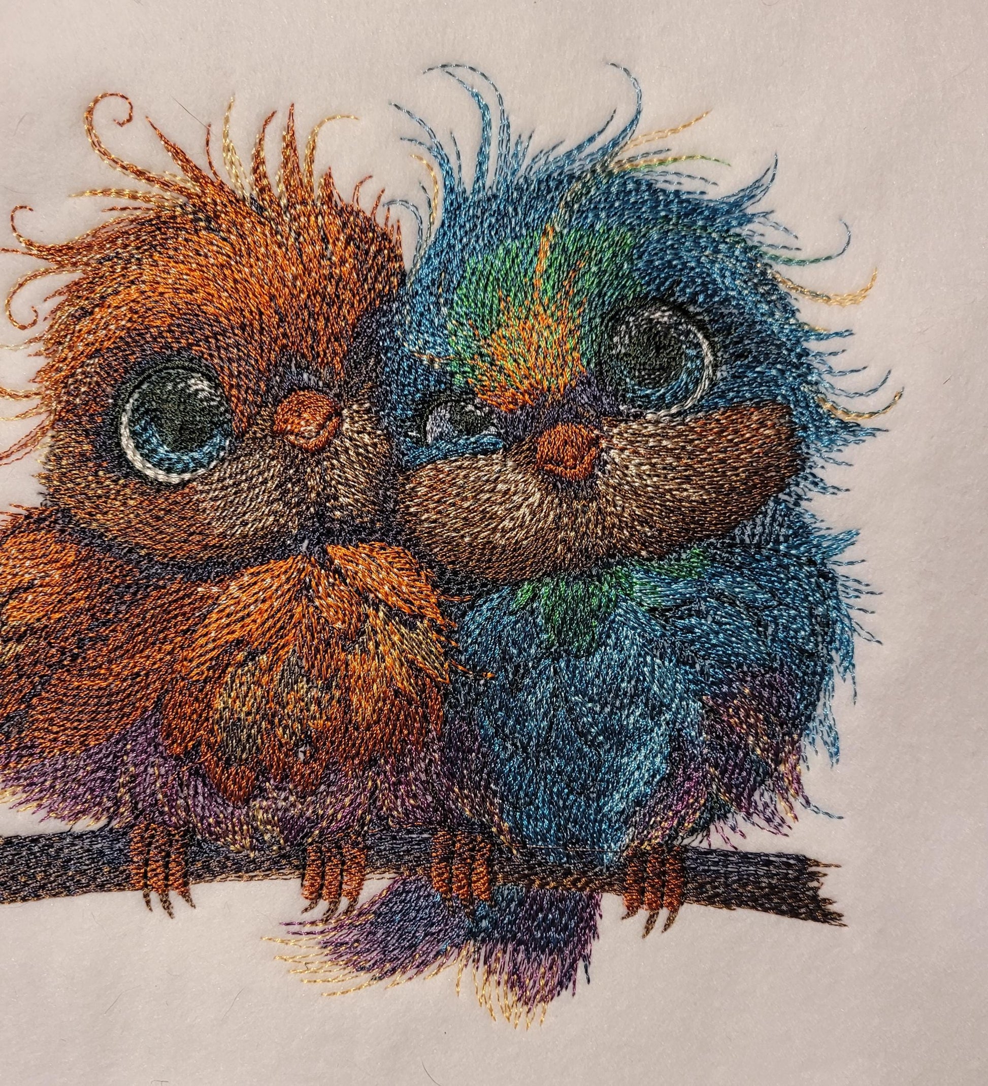 Birds, Embroidered Love Birds on Perch - Cute Blue & Orange Pair, Adorable, Sweet, and Charming. Whimsical and Colorful Bird Perch Decor.