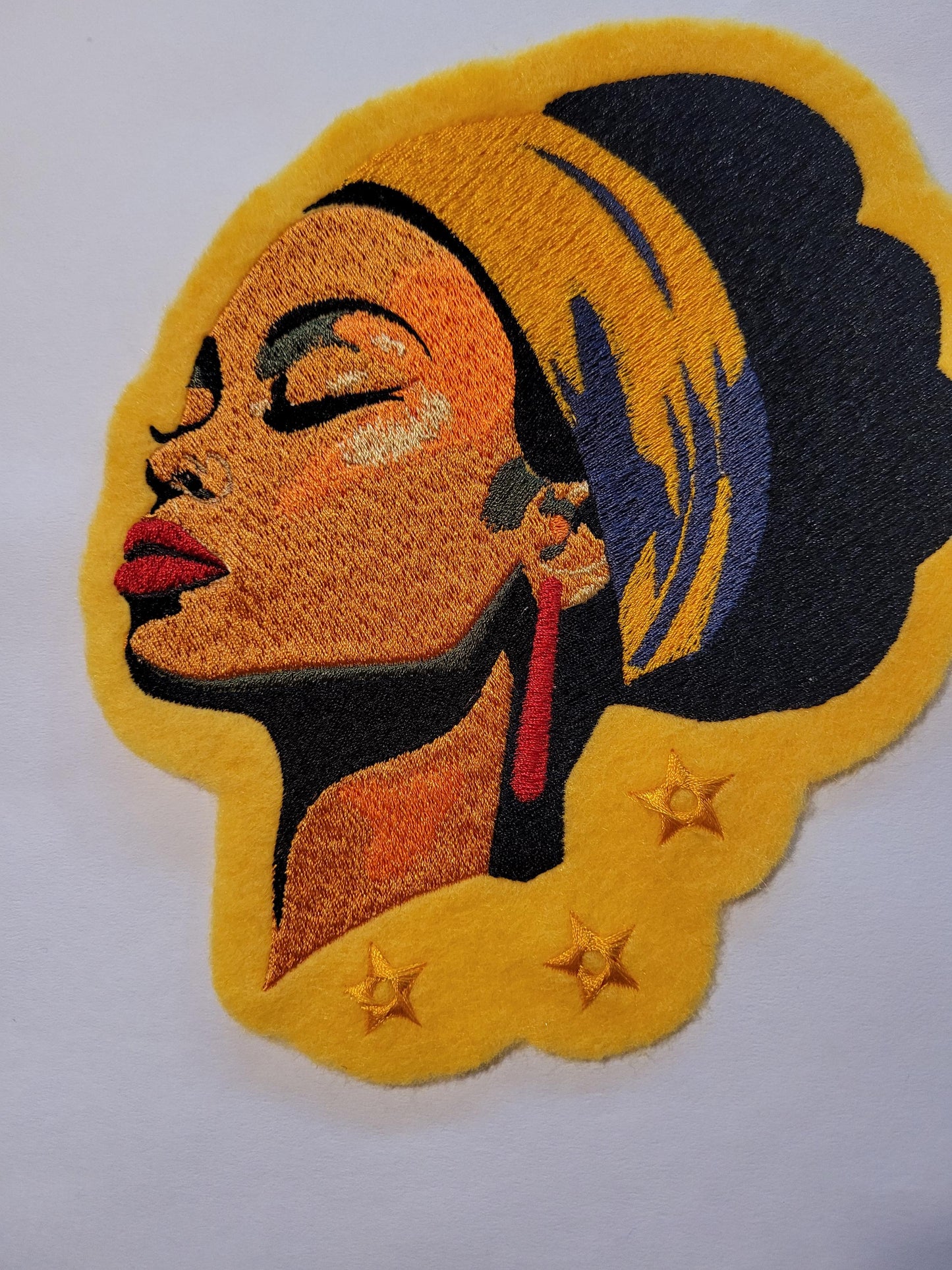 Black Women, Sun-Kissed Serenity: Golden Felt Iron-On Patch, Golden Hour Beauty, Empowered Peace Golden Felt Patch with Headwrap, Serenity
