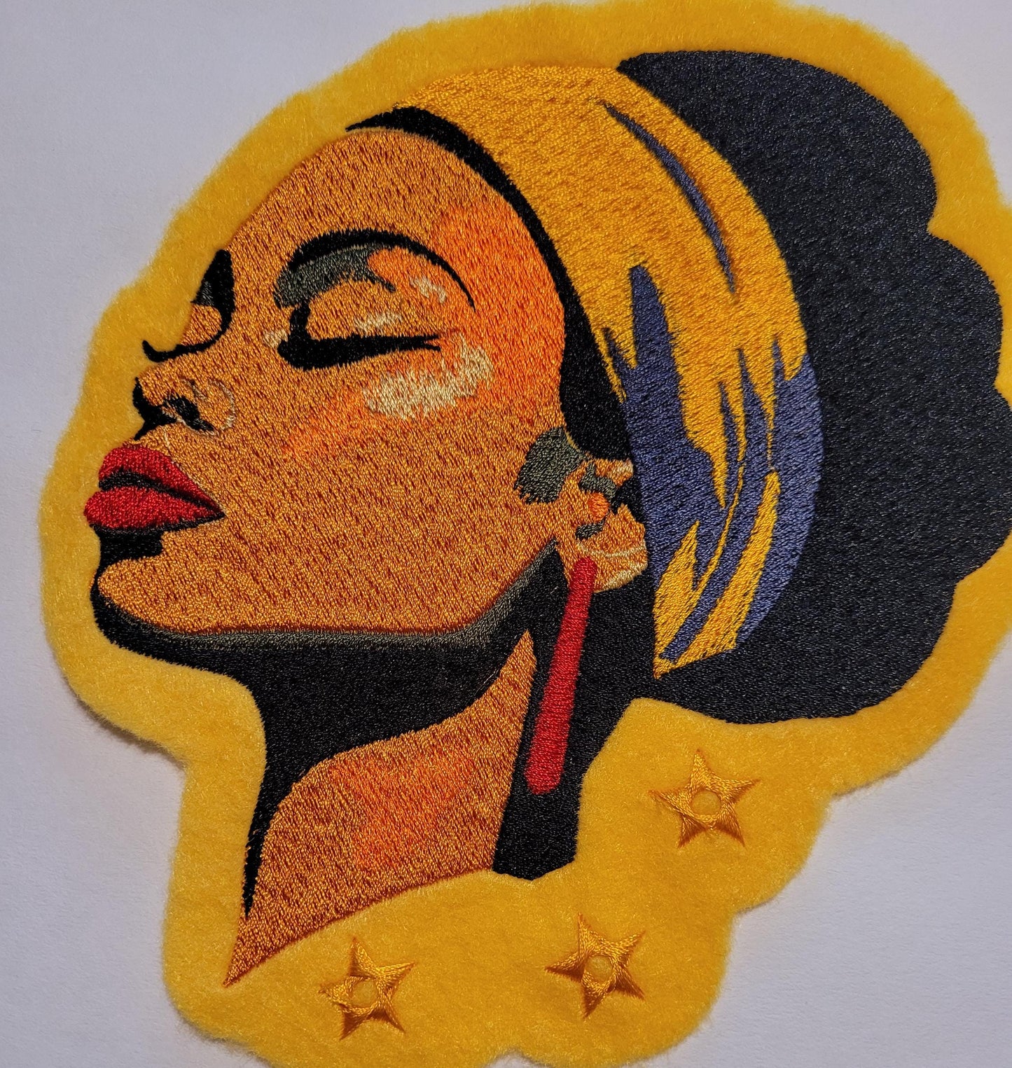 Black Women, Sun-Kissed Serenity: Golden Felt Iron-On Patch, Golden Hour Beauty, Empowered Peace Golden Felt Patch with Headwrap, Serenity