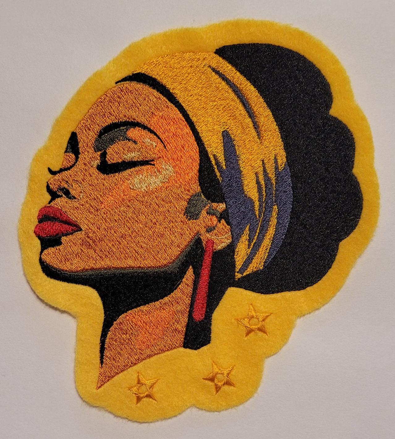 Black Women, Sun-Kissed Serenity: Golden Felt Iron-On Patch, Golden Hour Beauty, Empowered Peace Golden Felt Patch with Headwrap, Serenity
