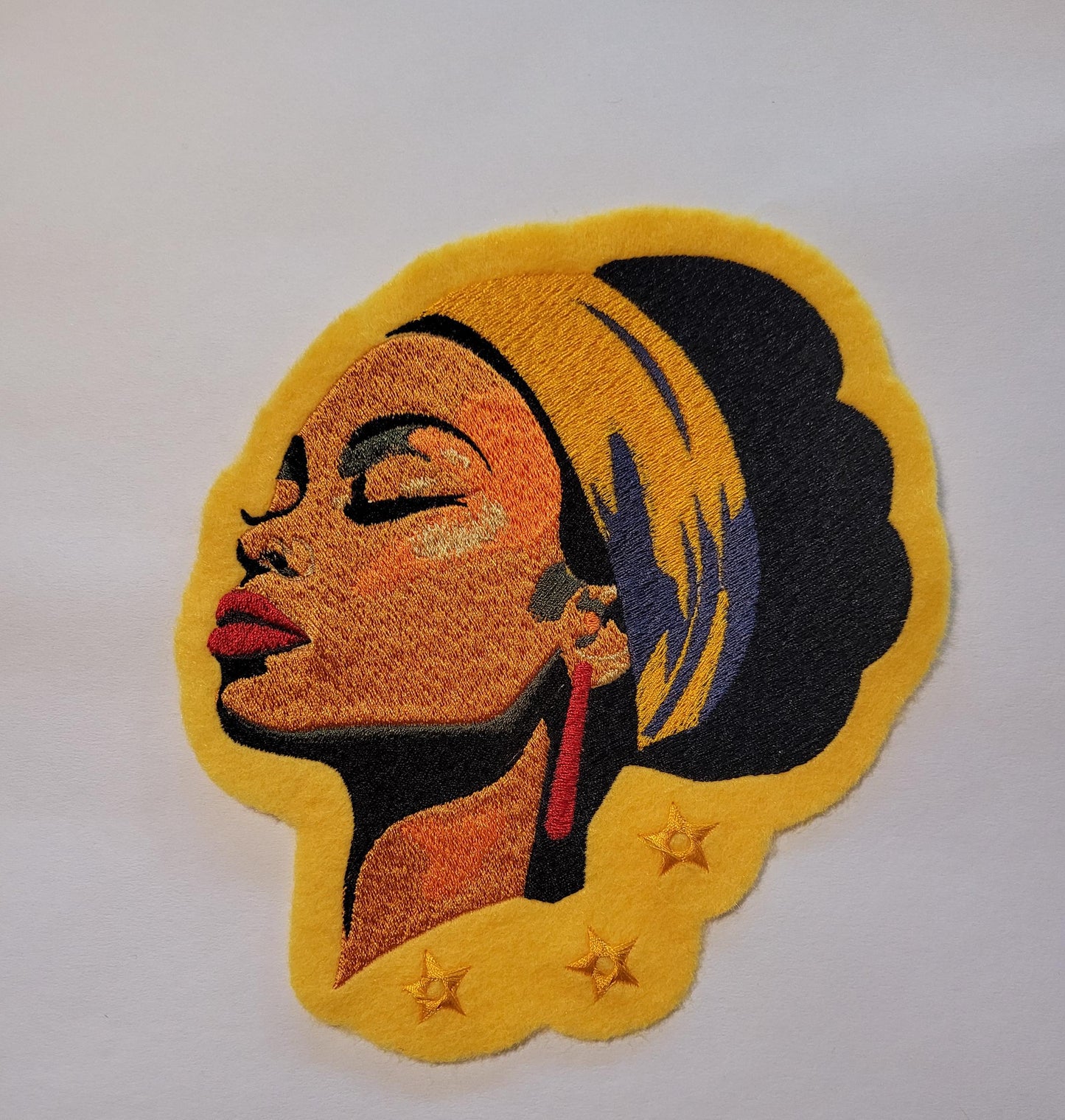 Black Women, Sun-Kissed Serenity: Golden Felt Iron-On Patch, Golden Hour Beauty, Empowered Peace Golden Felt Patch with Headwrap, Serenity