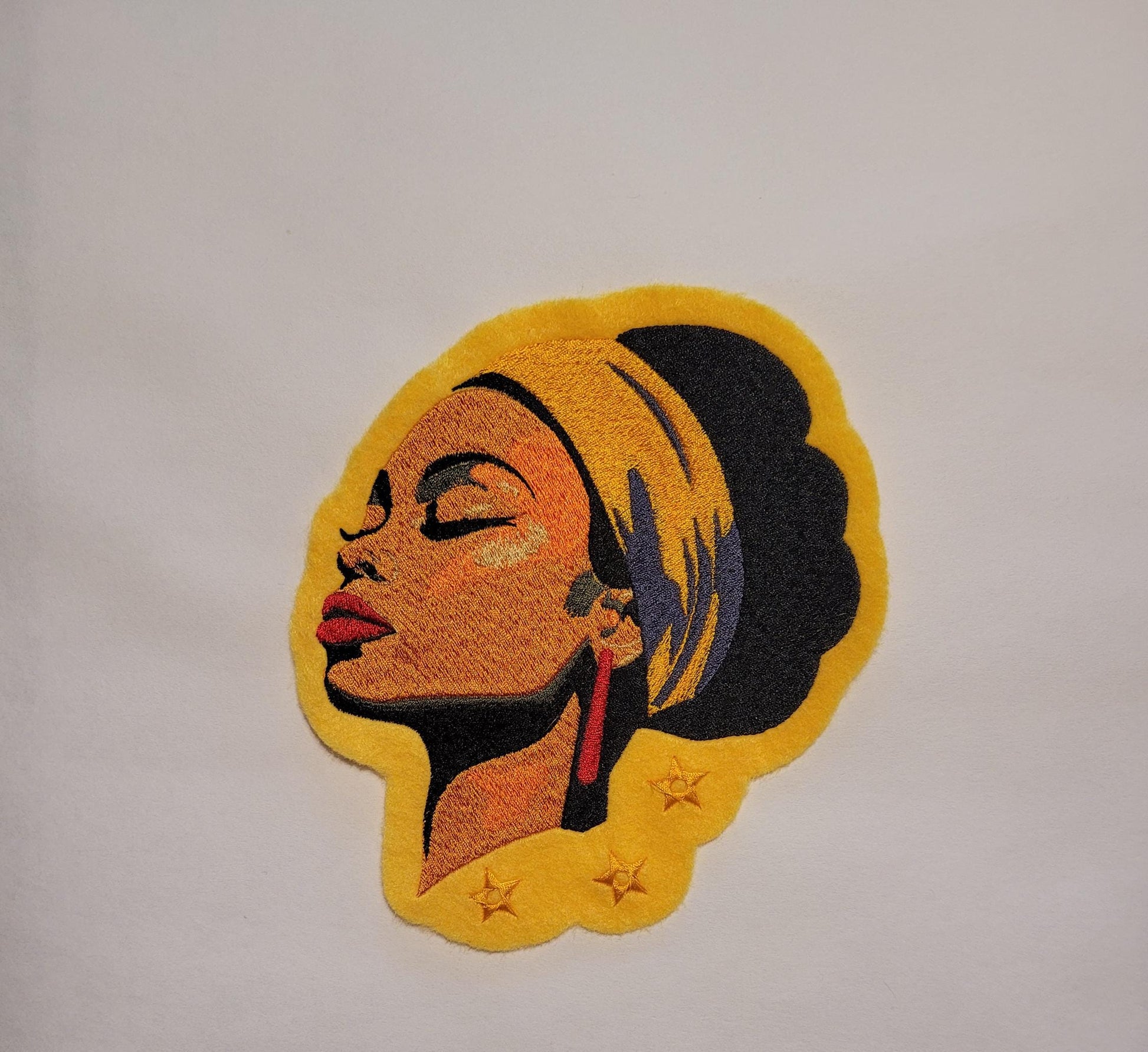 Black Women, Sun-Kissed Serenity: Golden Felt Iron-On Patch, Golden Hour Beauty, Empowered Peace Golden Felt Patch with Headwrap, Serenity