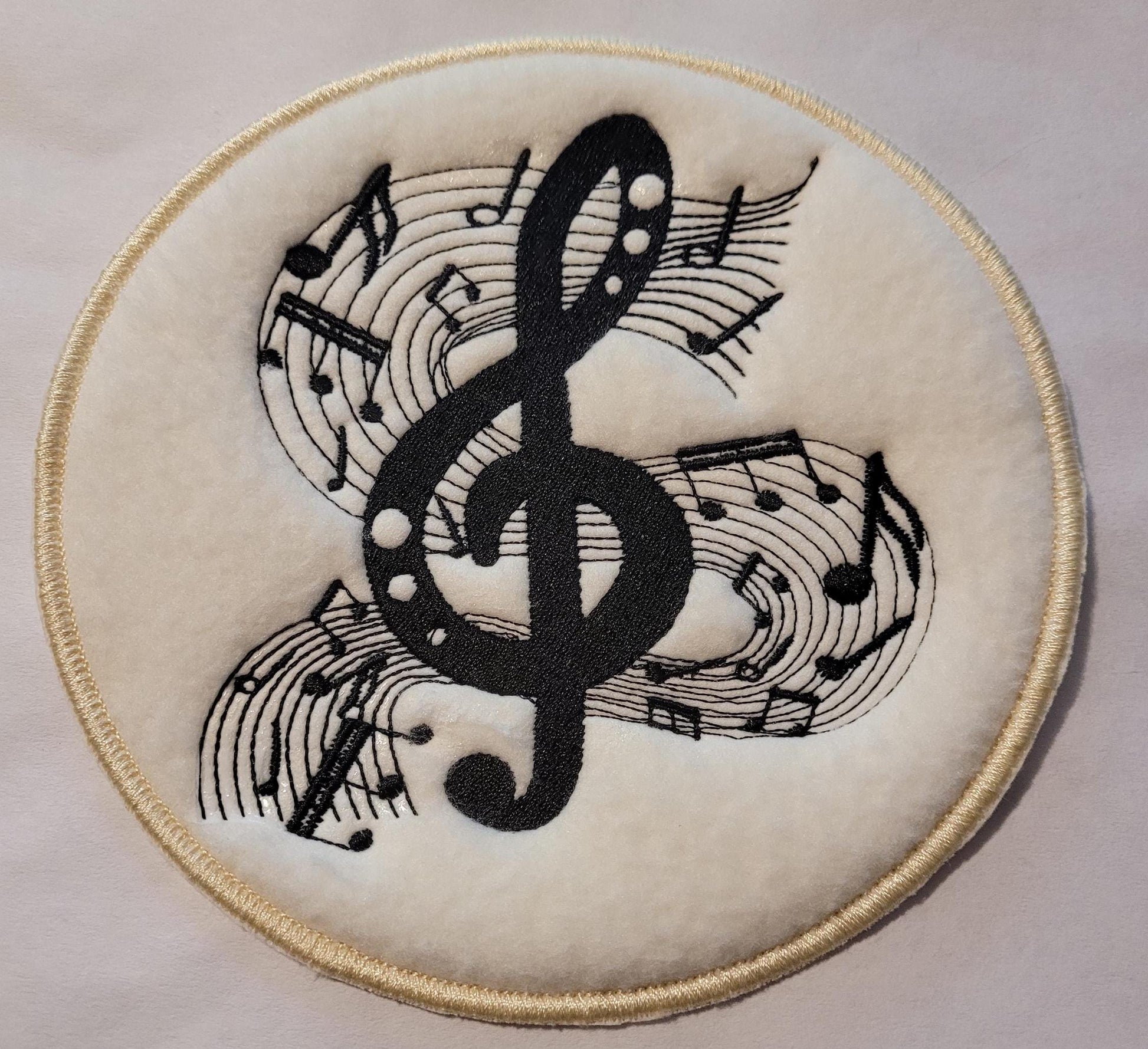 Musical Note Patch: Black Treble Clef on Off-White Fleece,