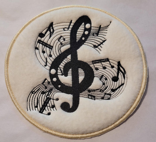 Musical Note Patch: Black Treble Clef on Off-White Fleece,