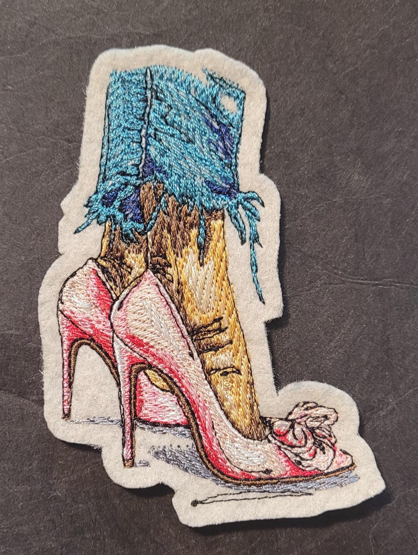 Red Heels, Lace & Denim: Red Heel Patch or 12x12" Felt Panel, Shredded Hem and Heels Iron-On Art, Crimson Bow Heels Embroidered Patch