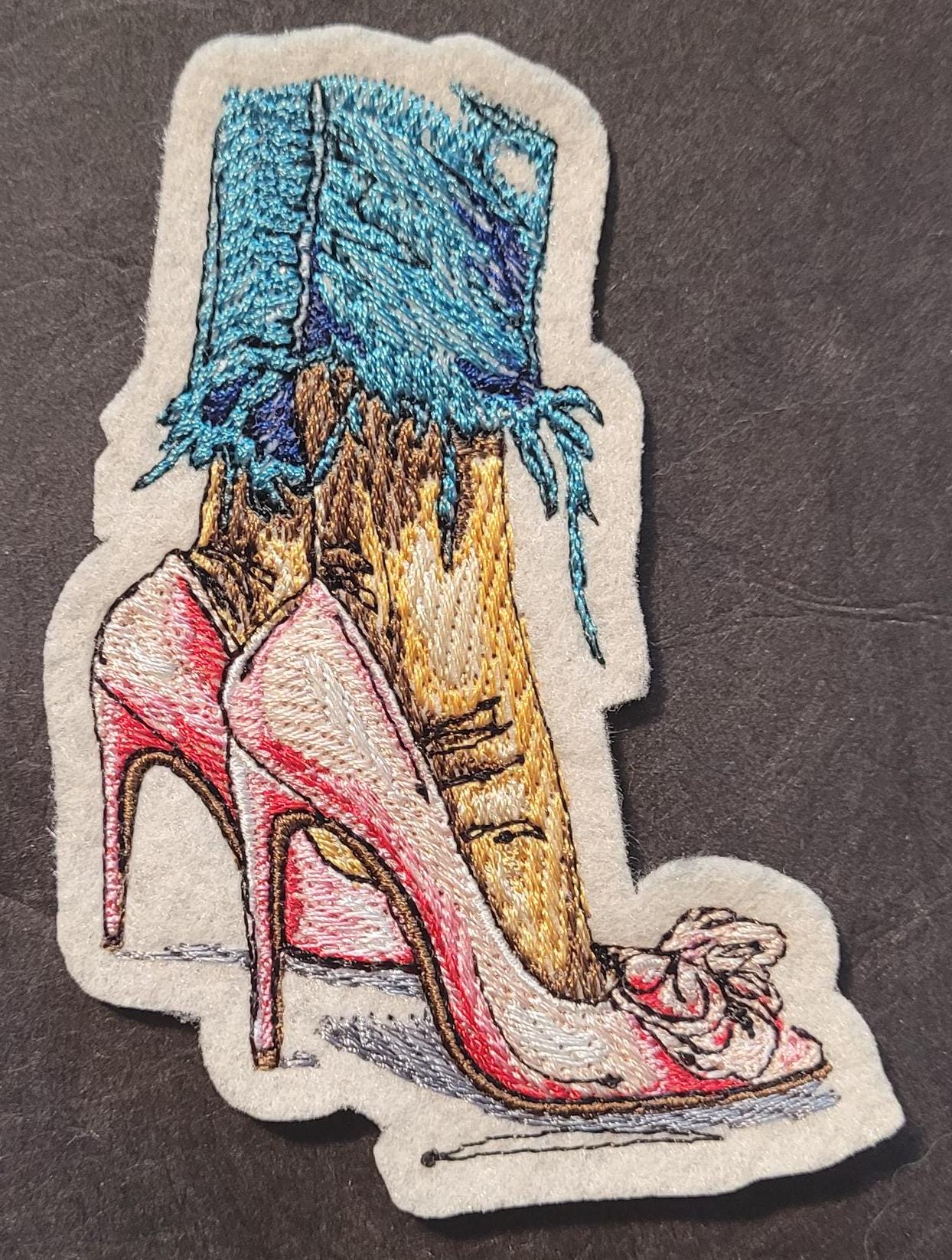 Red Heels, Lace & Denim: Red Heel Patch or 12x12" Felt Panel, Shredded Hem and Heels Iron-On Art, Crimson Bow Heels Embroidered Patch