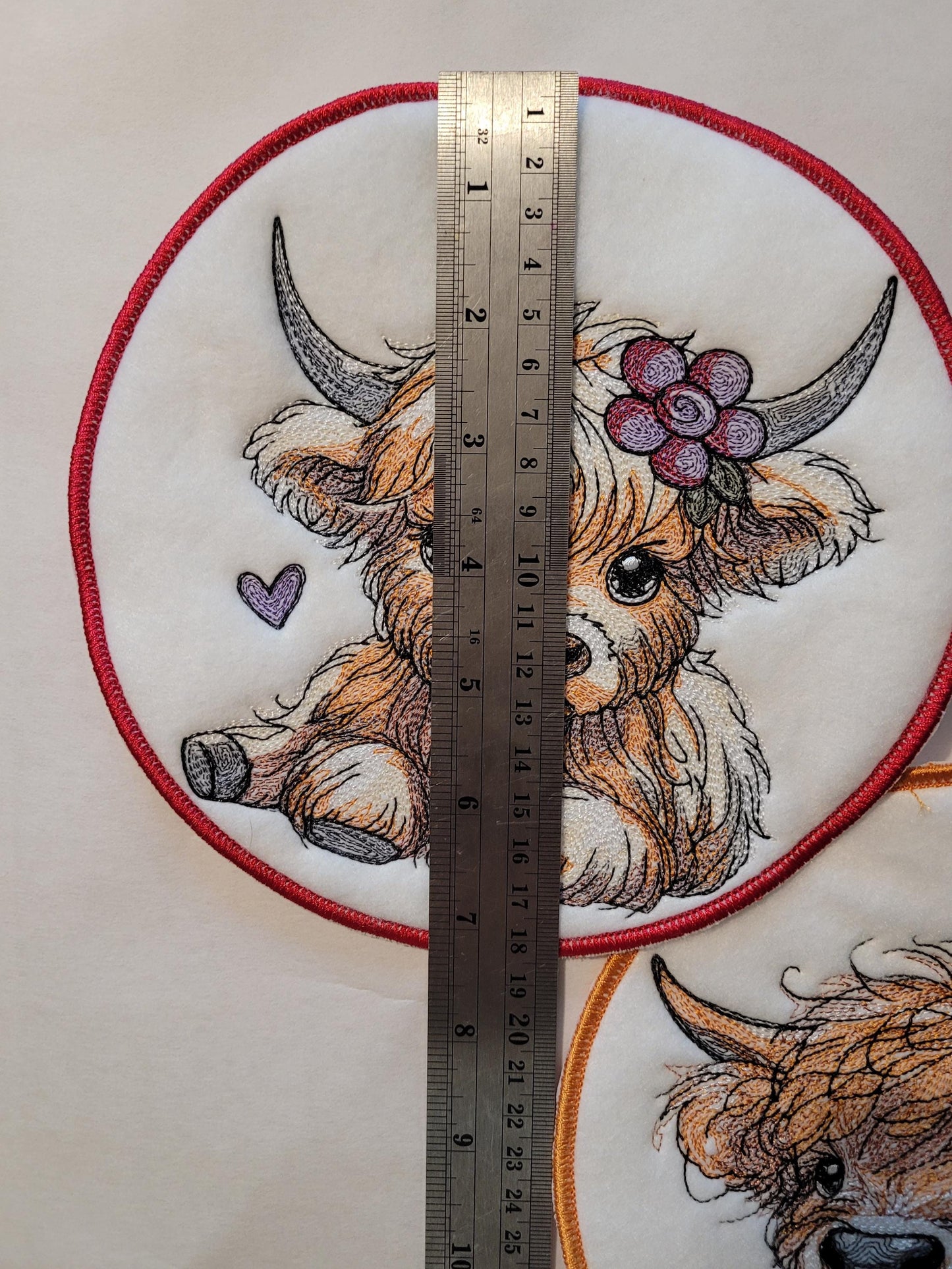 Scottish Highland Cow round 7" Black Felt Patch or 13x13" Square Panel, Scottish Highland Cow, Embroidered Applique, Rustic Decor, Animals