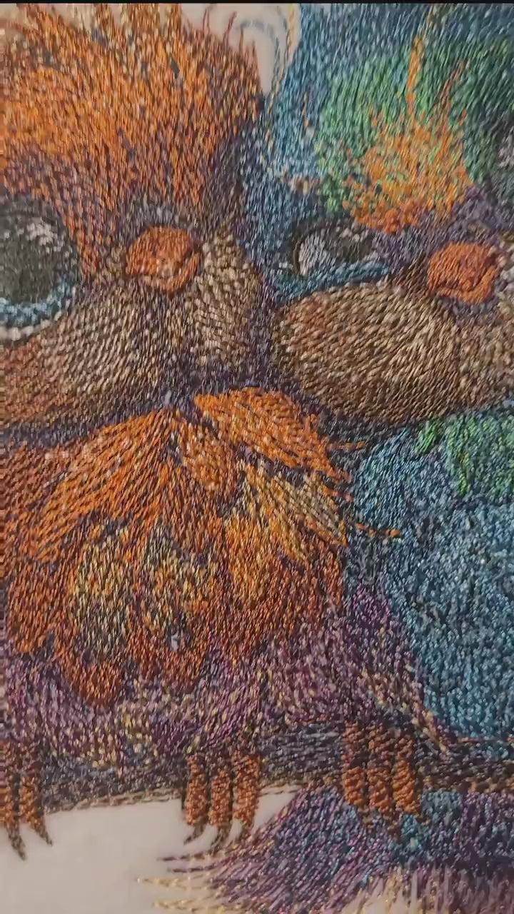 Birds, Embroidered Love Birds on Perch - Cute Blue & Orange Pair, Adorable, Sweet, and Charming. Whimsical and Colorful Bird Perch Decor.